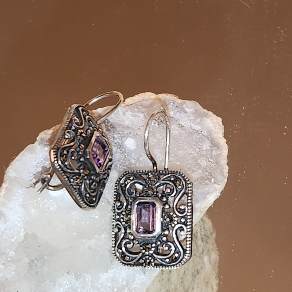 Women's 925 Art Noveau Retangular Victorian Amethyst Earrings with hooks in back
